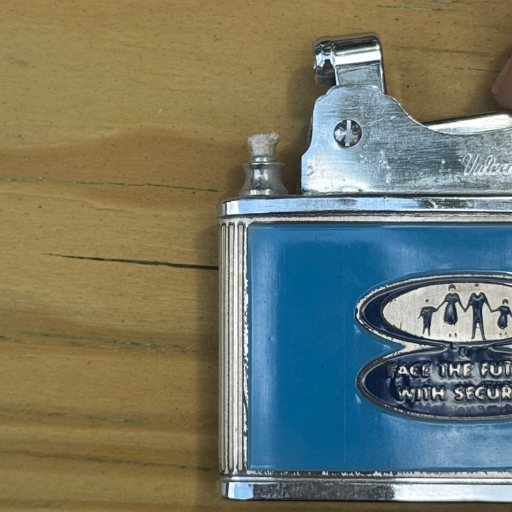 Vintage Vulcan Lighter Security Insurance Blue Enamel Advertising Japan Made - Picture 3 of 5